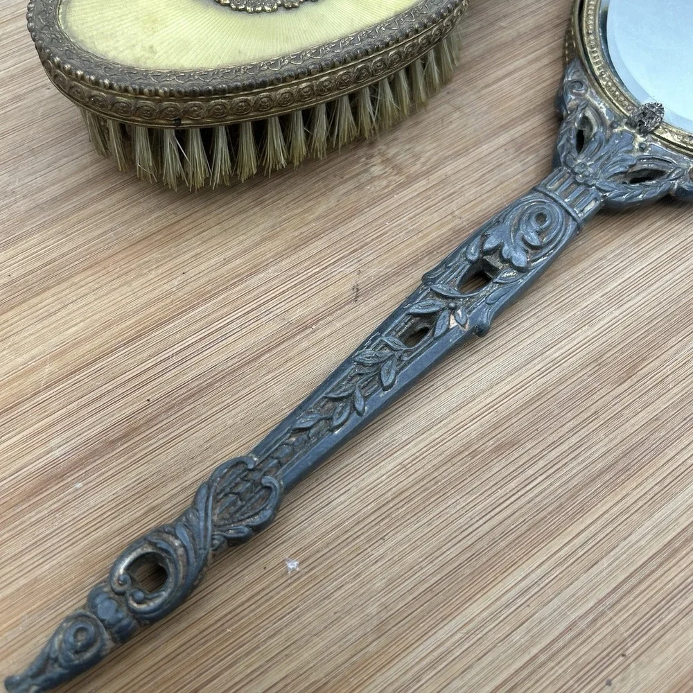 Apollo Hand Mirror & Brush Set Ormolu Filigree Floral‎ Vanity Hollywood Regency